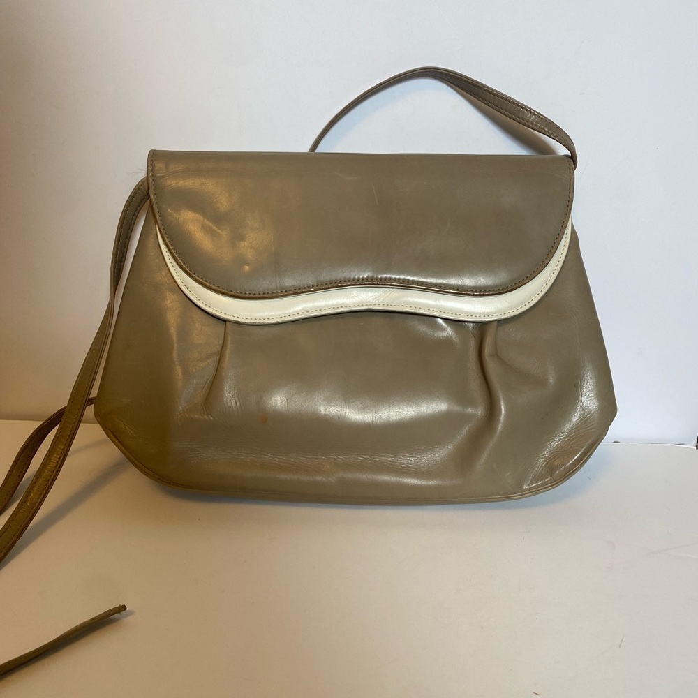 Etienne Aigner Sophisticated Taupe Gray and White Double Flap Shoulder Bag